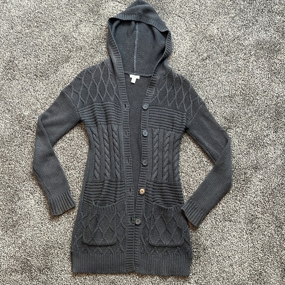 BP women’s size XS grey button up sweater w/ hood